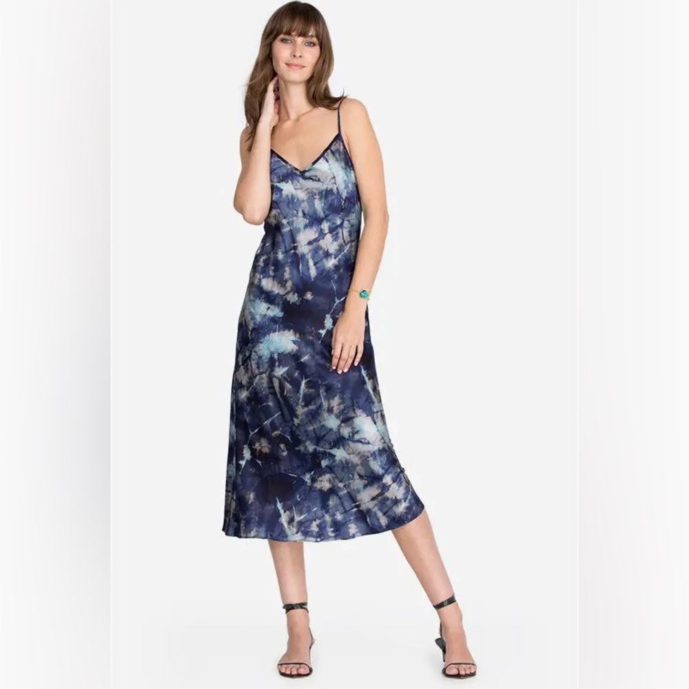 EUC Johnny Was Moonlight Silk Midi Dress RARE Blue Aqua & Silver Tie Dye XL